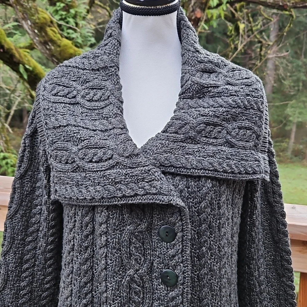 Aran Craft Cardigan | Large  Collar | Forest Green | Button Up | Pockets Size S - Picture 5 of 16